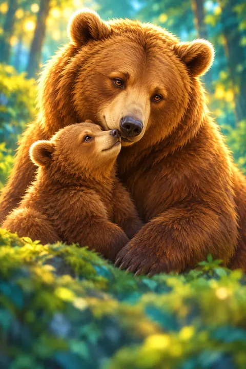 A mother brown bear nuzzling her cub in a sunny forest