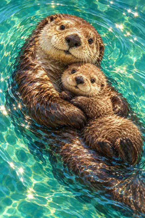A river otter floating on its back holding its pup