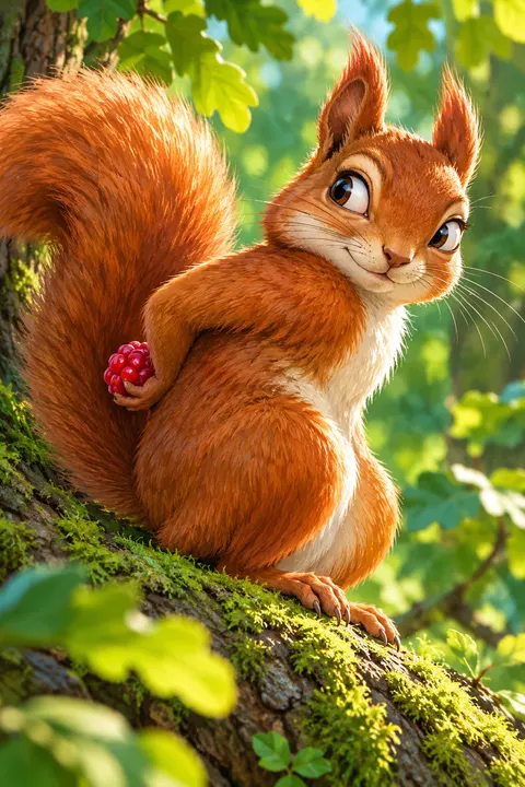 A red squirrel hiding a stolen berry behind its back