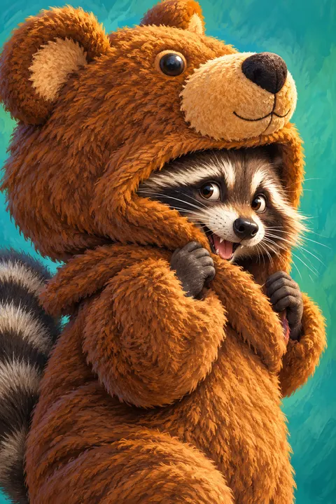 A raccoon peeking out of a fuzzy bear costume